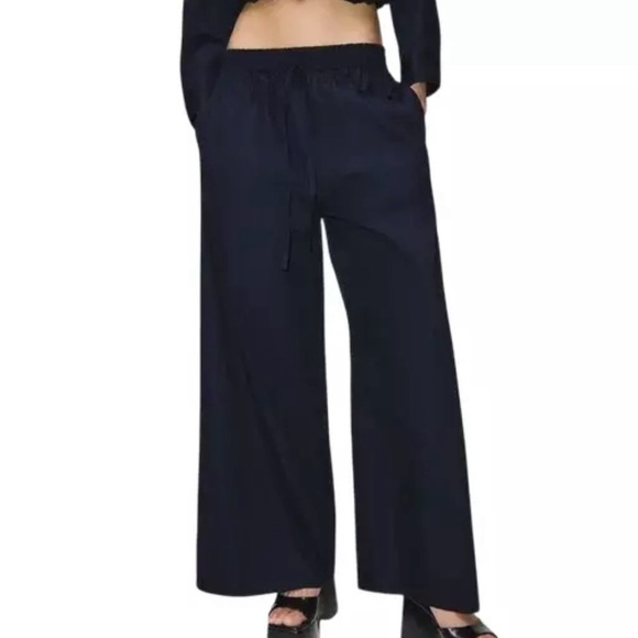 ZARA WOMAN MID-RISE WIDE-LEG POPLIN TROUSERS PANT Black size small - Picture 1 of 11